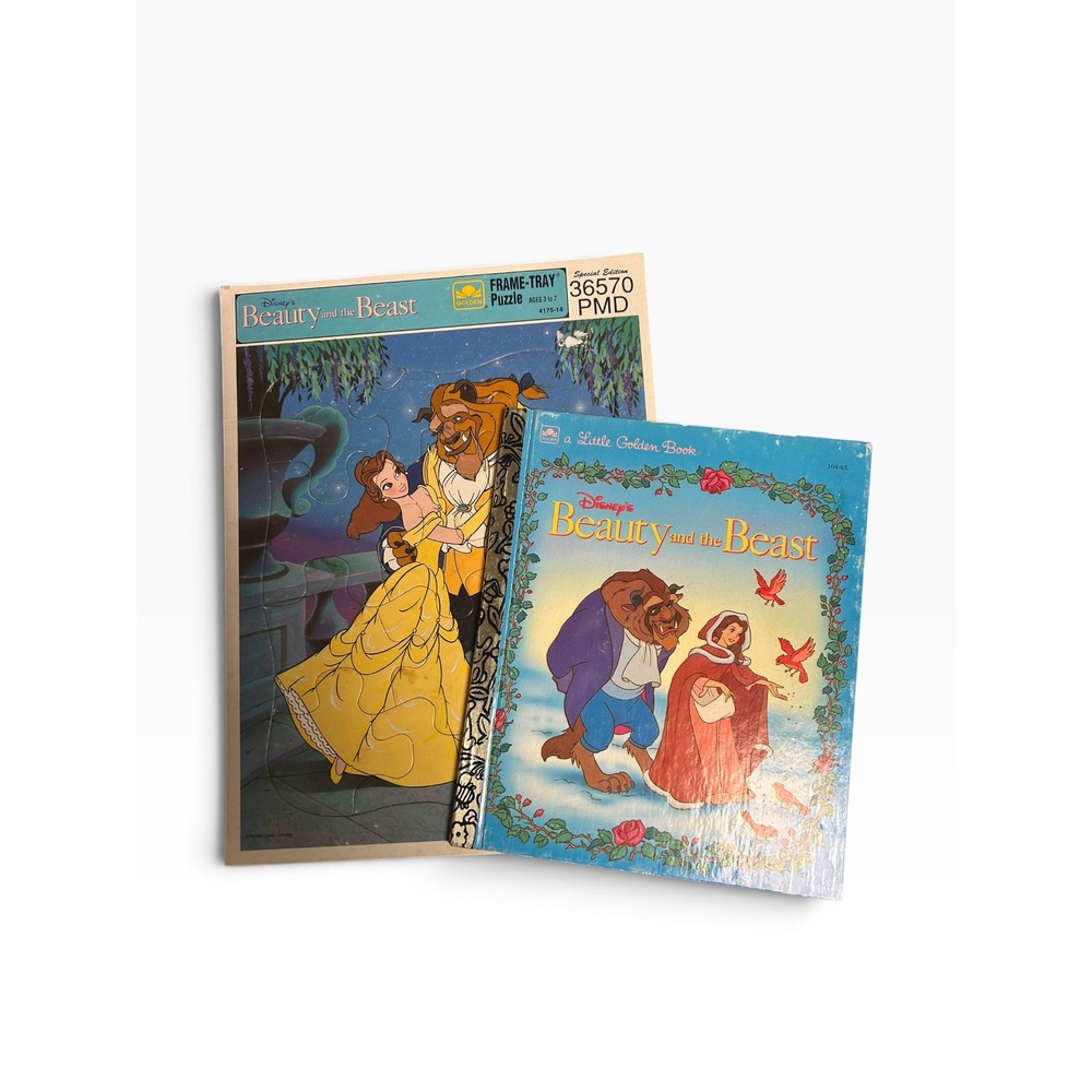 Vintage Disney Beauty and the Beast Little Golden Book & Frame-Tray Puzzle Lot